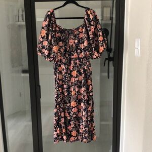 Old navy navy orange pink floral midi dress puff sleeve smocked XXL summer